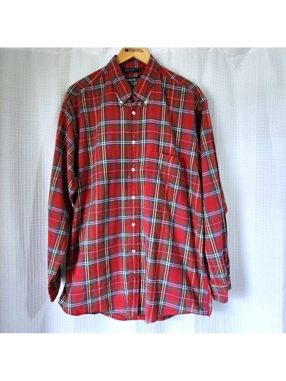 Nautica Shirt Mens Large Pinpoint Oxford Long Sleeve Button Down Plaid Cotton